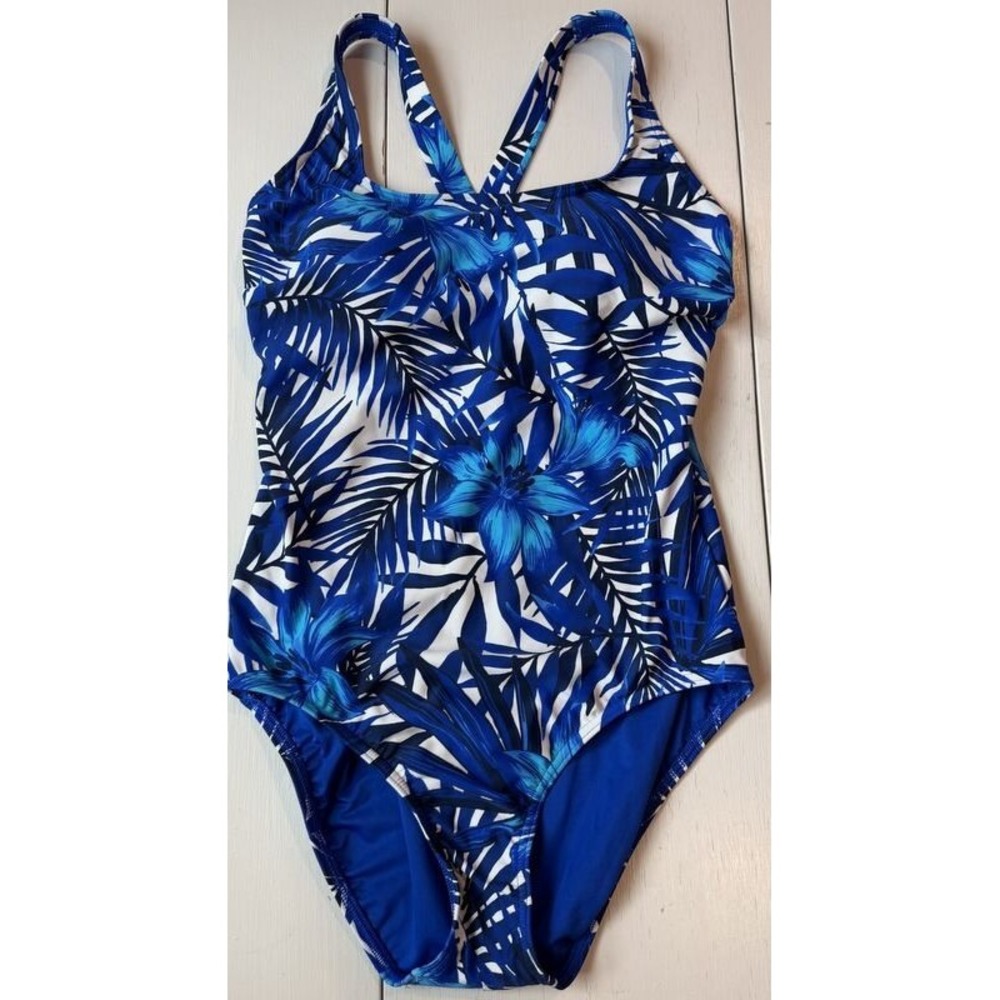 Lands End Womens Tugless X-Back One Piece Swimsuit Blue Tropical Print Size 12